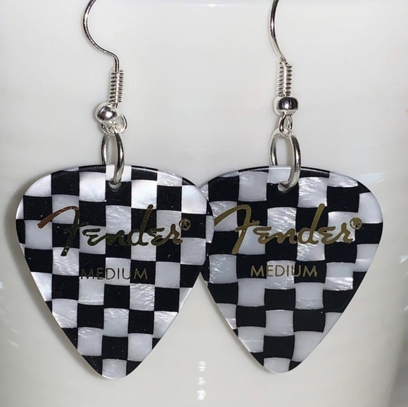 NEW Handmade Classic Checkered Guitar Pick Silver Drop Hook Earrings - Picture 2 of 8